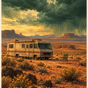 May include: A poster featuring a weathered beige and orange recreational vehicle parked in a desert landscape with mesas under a dark, stormy sky. A green folding chair sits nearby. The text "Breaking Bad" and "2008" appears at the bottom.