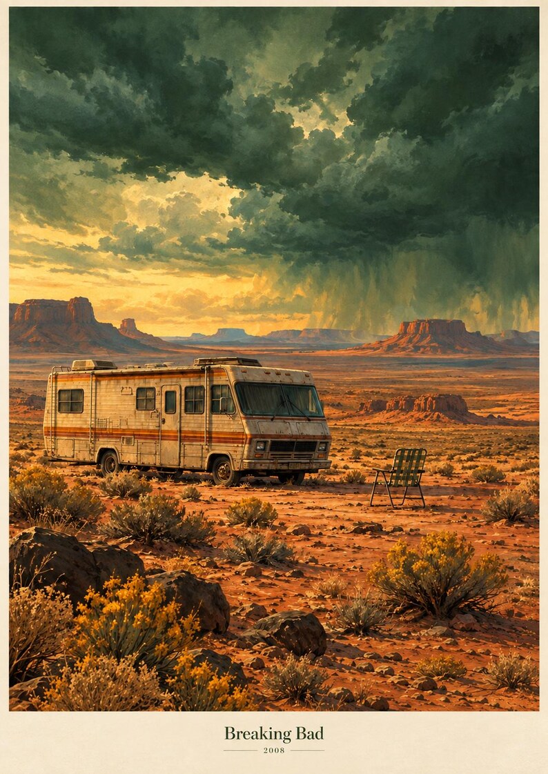 May include: A poster featuring a weathered beige and orange recreational vehicle parked in a desert landscape with mesas under a dark, stormy sky. A green folding chair sits nearby. The text "Breaking Bad" and "2008" appears at the bottom.