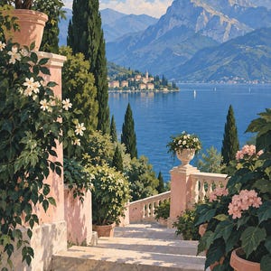 Peut inclure: Une peinture repr&eacute;sentant des escaliers en pierre descendant vers un lac bleu entour&eacute; de montagnes. Des piliers en stuc rose surmont&eacute;s de pots en terre cuite contenant des fleurs blanches et roses encadrent la vue, avec des cypr&egrave;s verts.