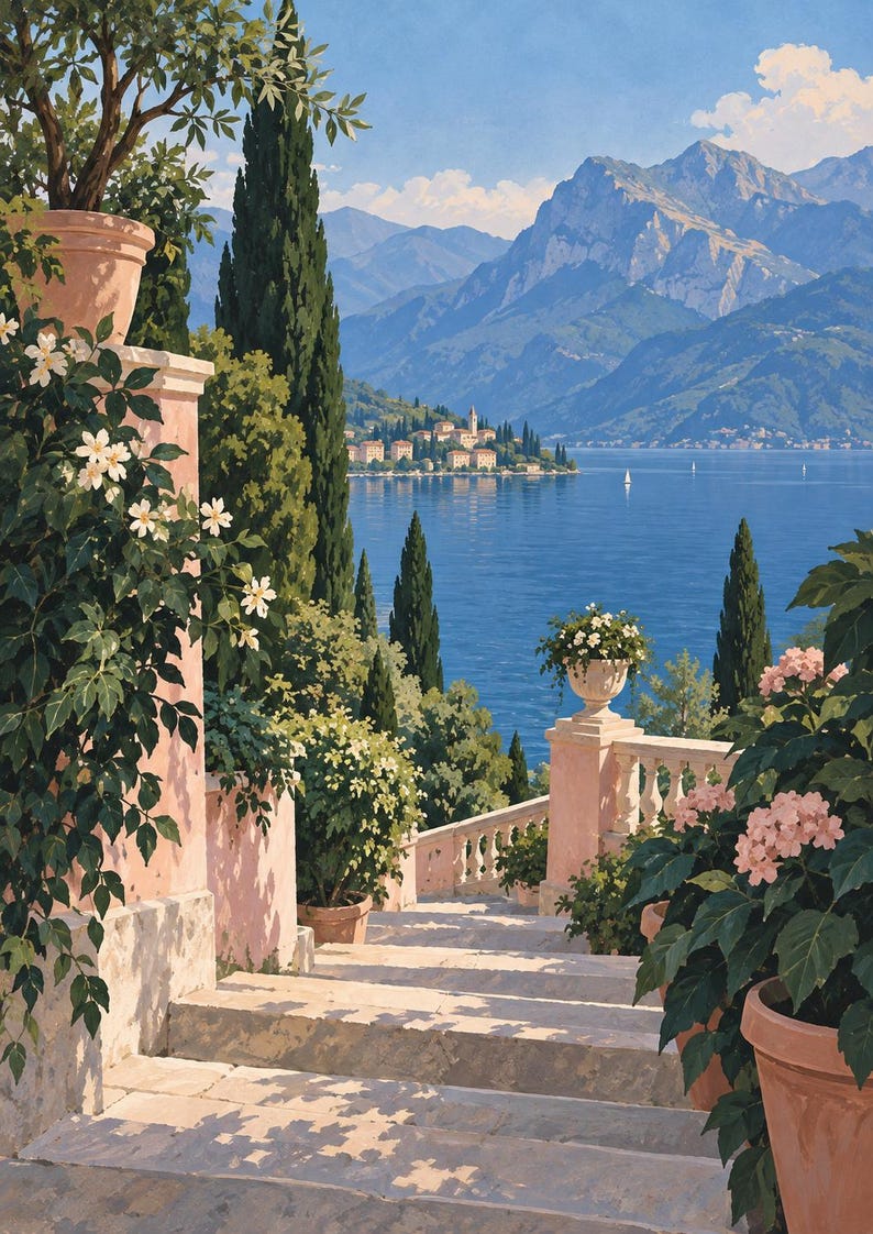 Peut inclure: Une peinture repr&eacute;sentant des escaliers en pierre descendant vers un lac bleu entour&eacute; de montagnes. Des piliers en stuc rose surmont&eacute;s de pots en terre cuite contenant des fleurs blanches et roses encadrent la vue, avec des cypr&egrave;s verts.