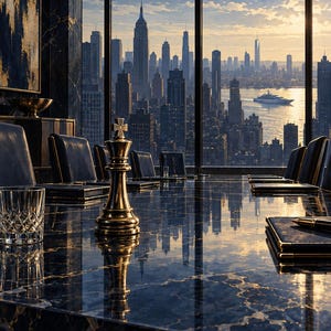 May include: A gold chess king piece stands on a polished black marble conference table in a high-rise office. The table reflects the city skyline and sunset visible through floor-to-ceiling windows. The text Succession 2018 appears below.