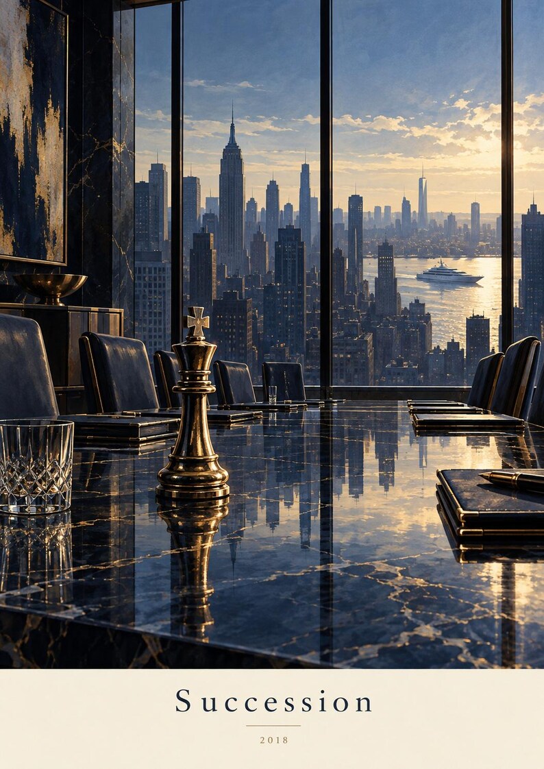 May include: A gold chess king piece stands on a polished black marble conference table in a high-rise office. The table reflects the city skyline and sunset visible through floor-to-ceiling windows. The text Succession 2018 appears below.