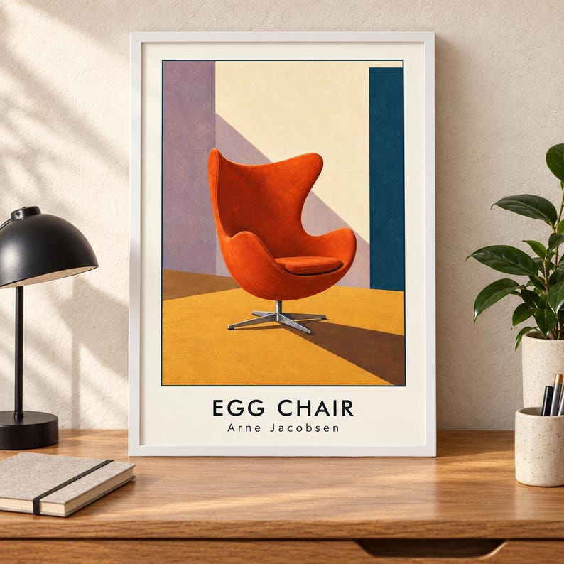 May include: A framed art print featuring a vibrant orange egg chair on a four-point metal base. The background displays geometric shapes in purple, cream, and blue. The text at the bottom reads EGG CHAIR and Arne Jacobsen in black lettering.