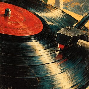 May include: A black vinyl record with a red center label spinning on a turntable. A black tonearm with a red stylus cartridge rests on the grooved surface of the record. The scene features a warm, textured artistic style with golden light.
