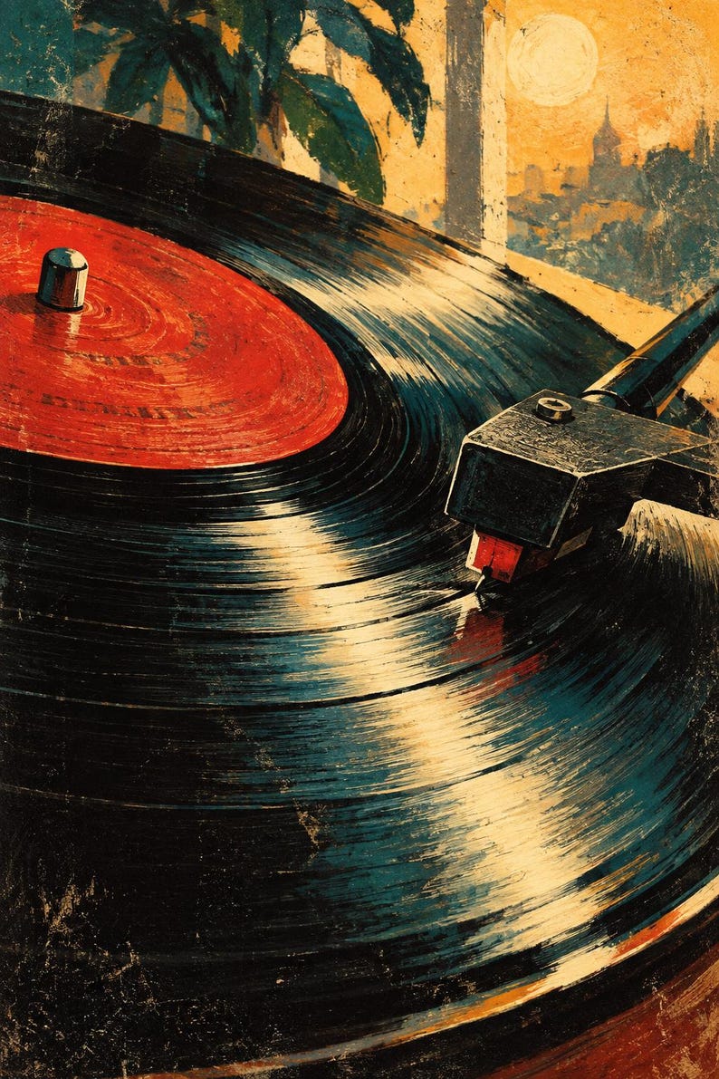 May include: A black vinyl record with a red center label spinning on a turntable. A black tonearm with a red stylus cartridge rests on the grooved surface of the record. The scene features a warm, textured artistic style with golden light.