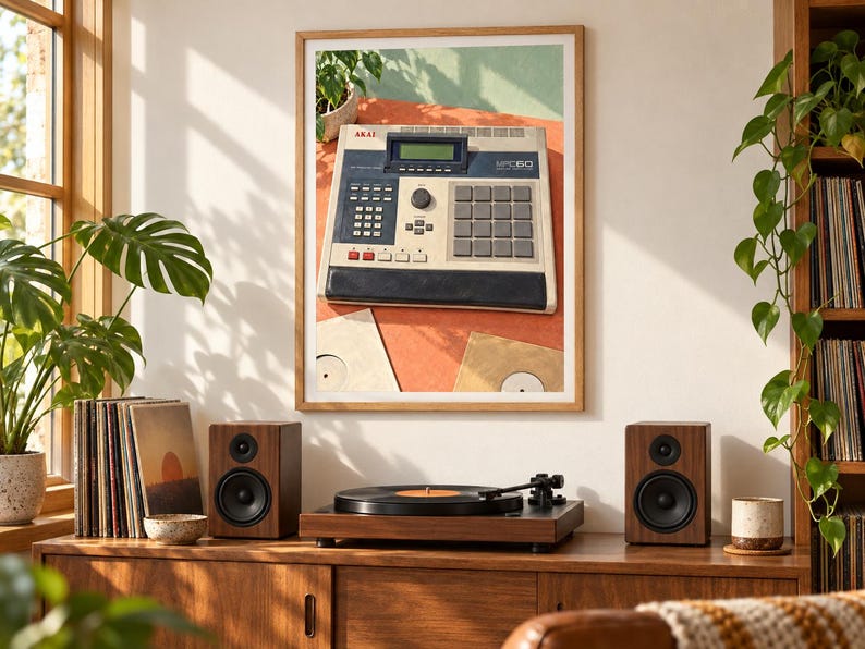 Pu&ograve; includere: Una stampa da parete incorniciata raffigurante un centro di produzione musicale Akai MPC60 con involucro beige, pannello di controllo grigio scuro, display digitale e una griglia di pad quadrati, sopra un giradischi e due altoparlanti.