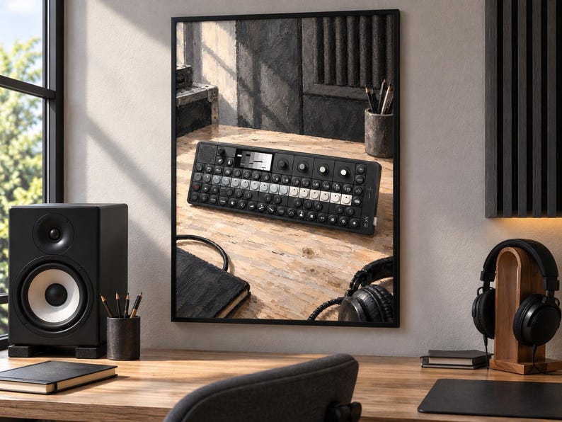 K&ouml;nnte beinhalten: Ein schwarzer tragbarer Synthesizer mit rechteckiger Oberfl&auml;che, zahlreichen runden Drehreglern, einem zentralen monochromen Display und einer Reihe wei&szlig;er und schwarzer Tasten, dargestellt als gerahmtes Wandbild auf einem Schreibtisch.