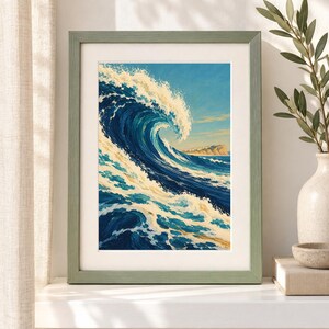 May include: A framed wall art print featuring a large, cresting ocean wave in shades of deep blue, turquoise, and white foam. The painting depicts a dynamic sea scene with a distant coastline under a clear blue sky, enclosed in a sage green frame.