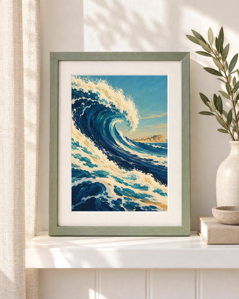 May include: A framed wall art print featuring a large, cresting ocean wave in shades of deep blue, turquoise, and white foam. The painting depicts a dynamic sea scene with a distant coastline under a clear blue sky, enclosed in a sage green frame.
