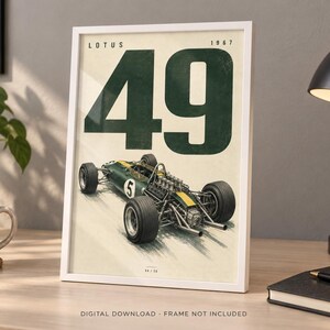 May include: A framed print featuring a vintage Lotus 49 race car from 1967. The artwork displays the large dark green number 49 at the top, with a detailed illustration of the green and yellow open-wheel race car below on a cream background.