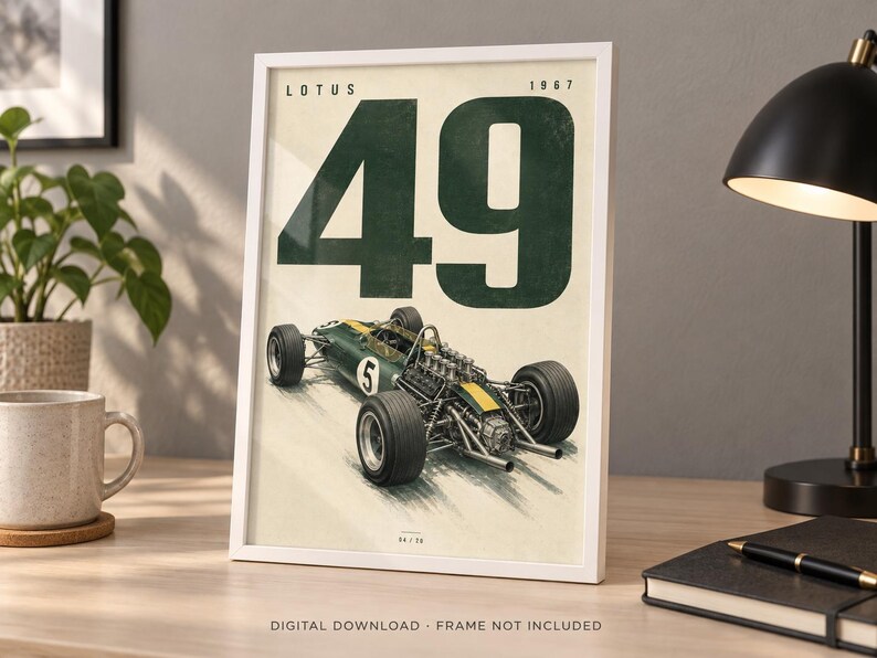 May include: A framed print featuring a vintage Lotus 49 race car from 1967. The artwork displays the large dark green number 49 at the top, with a detailed illustration of the green and yellow open-wheel race car below on a cream background.