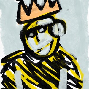 May include: A digital painting featuring a stylized figure wearing a peach-colored crown. The figure has a yellow and black striped torso and a white face with bold black outlines. The background is a light gray, textured wash of color.
