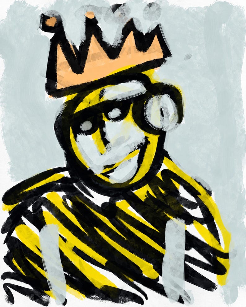 May include: A digital painting featuring a stylized figure wearing a peach-colored crown. The figure has a yellow and black striped torso and a white face with bold black outlines. The background is a light gray, textured wash of color.