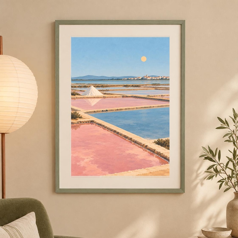 May include: A framed wall art print depicting a landscape of salt pans with rectangular pools of pink and blue water, a white salt mound, and a distant town under a clear blue sky with a pale yellow sun, enclosed in a sage green frame.
