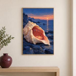May include: A framed wall art print depicting a large, light-colored conch shell resting on dark coastal rocks. The interior of the shell reveals a curved, tiered amphitheater with a single chair, overlooking a sunset ocean scene with blue water.