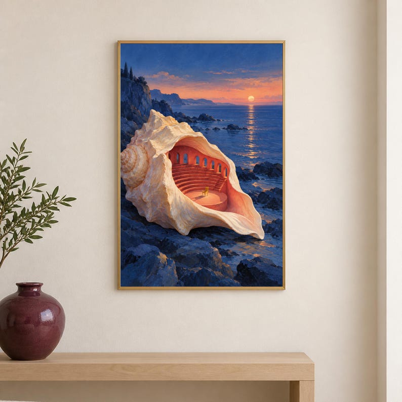 May include: A framed wall art print depicting a large, light-colored conch shell resting on dark coastal rocks. The interior of the shell reveals a curved, tiered amphitheater with a single chair, overlooking a sunset ocean scene with blue water.
