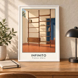 May include: A framed wall art print featuring a wooden floor-to-ceiling shelving unit with a closed cabinet section. The print displays the text INFINITO and Franco Albini at the bottom. The shelving is set against a cream wall and orange floor.