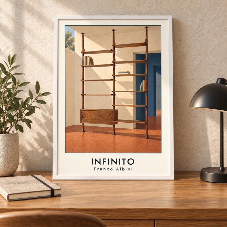 May include: A framed wall art print featuring a wooden floor-to-ceiling shelving unit with a closed cabinet section. The print displays the text INFINITO and Franco Albini at the bottom. The shelving is set against a cream wall and orange floor.