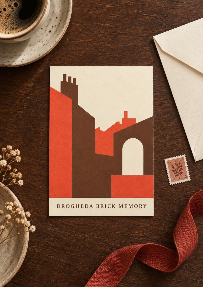 K&ouml;nnte beinhalten: Eine rechteckige Gru&szlig;karte mit einer stilisierten grafischen Illustration von Geb&auml;uden in Rot-, Braun- und Cremet&ouml;nen. Der Text DROGHEDA BRICK MEMORY ist in Schwarz am unteren Rand der Karte gedruckt, die Schornsteine und einen Torbogen zeigt.