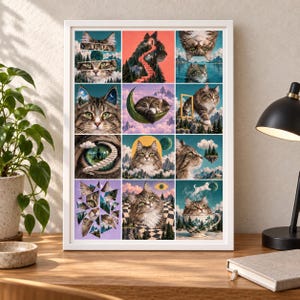May include: A framed wall art print featuring a grid of twelve surreal illustrations of a brown tabby cat. The images depict the cat in various fantastical settings, including sleeping on a crescent moon, climbing stairs, and sitting in a teacup.