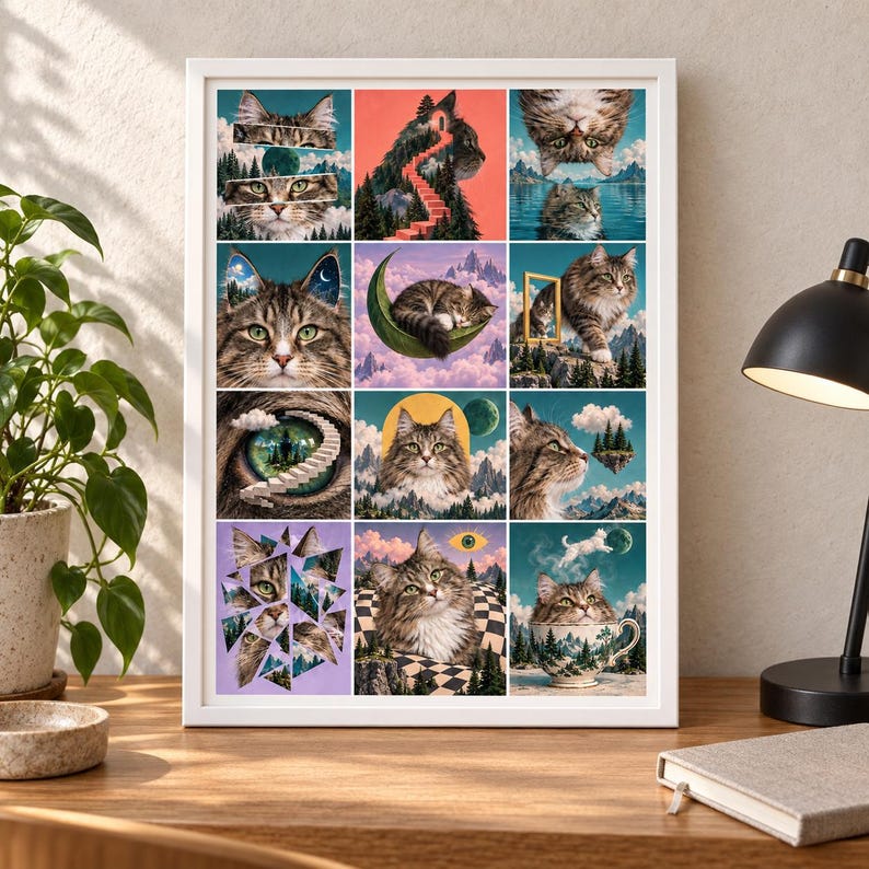 May include: A framed wall art print featuring a grid of twelve surreal illustrations of a brown tabby cat. The images depict the cat in various fantastical settings, including sleeping on a crescent moon, climbing stairs, and sitting in a teacup.
