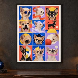 K&ouml;nnte beinhalten: Ein gerahmter Kunstdruck mit einem Raster aus zw&ouml;lf farbenfrohen Feldern, die jeweils ein anderes Foto oder eine Illustration eines Chihuahua-Hundes zeigen. Die Bilder zeigen die Hunde in verschiedenen Posen, mit Accessoires wie Sonnenbrillen und einer Krone, vor lebendigen Hintergr&uuml;nden in Blau, Rot, Gelb und Violett.