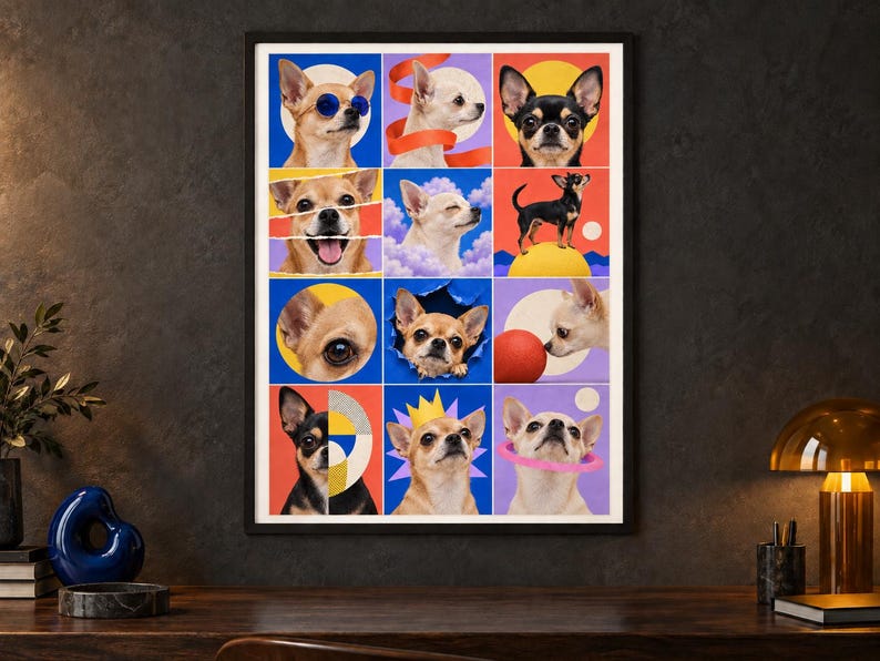 K&ouml;nnte beinhalten: Ein gerahmter Kunstdruck mit einem Raster aus zw&ouml;lf farbenfrohen Feldern, die jeweils ein anderes Foto oder eine Illustration eines Chihuahua-Hundes zeigen. Die Bilder zeigen die Hunde in verschiedenen Posen, mit Accessoires wie Sonnenbrillen und einer Krone, vor lebendigen Hintergr&uuml;nden in Blau, Rot, Gelb und Violett.