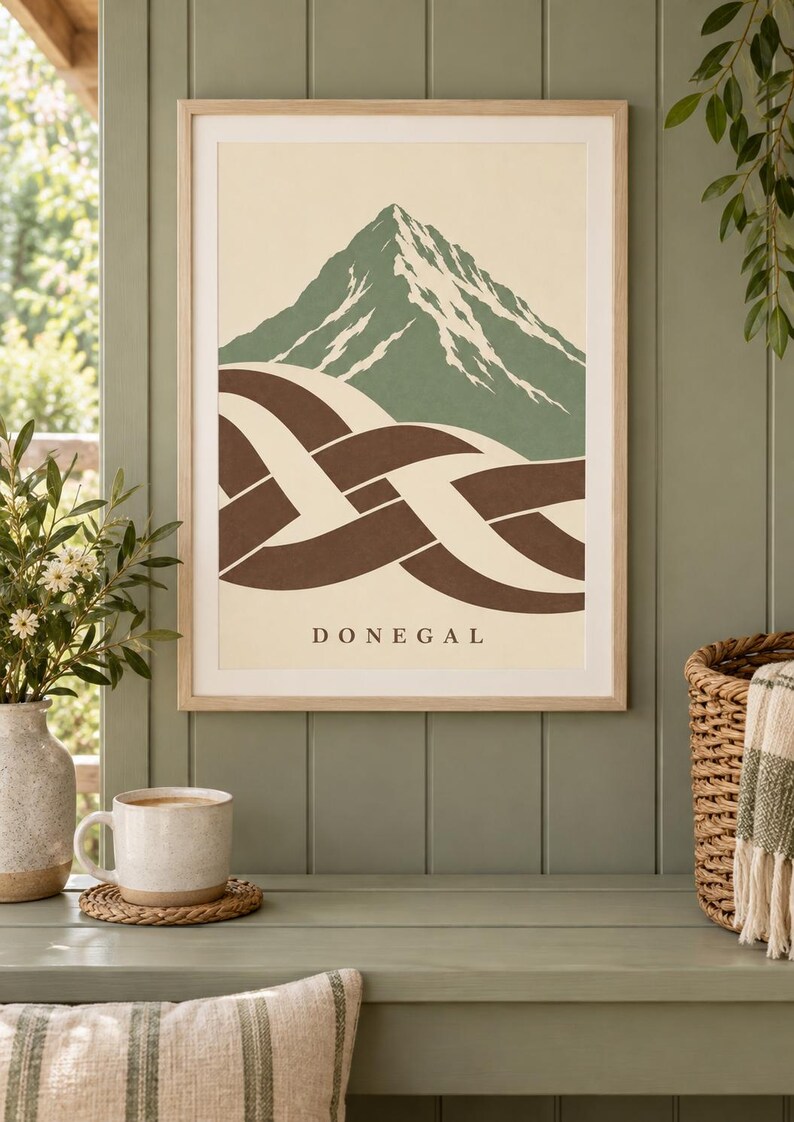 K&ouml;nnte beinhalten: Ein gerahmter Kunstdruck mit einem stilisierten gr&uuml;nen Berggipfel mit wei&szlig;en Schneeakzenten &uuml;ber einem abstrakten braun-cremefarbenen geflochtenen Knotenmuster. Das Wort DONEGAL ist in einer einfachen Serifenschrift auf dem cremefarbenen Hintergrund gedruckt.