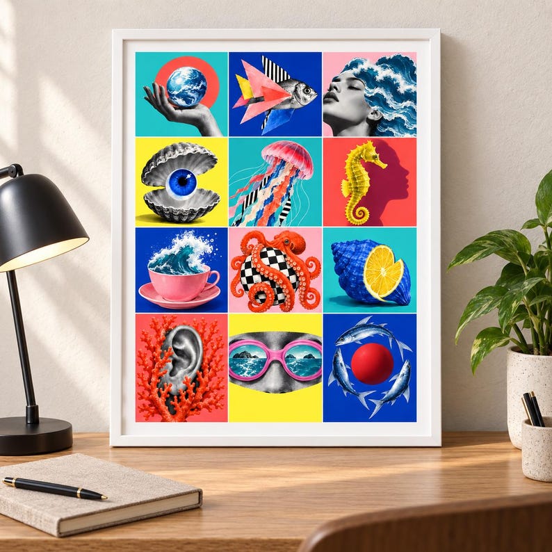 Op de afbeelding: Een ingelijste kunstdruk met een raster van twaalf panelen met surrealistische collage-afbeeldingen. De panelen tonen diverse motieven, waaronder een hand die een wereldbol vasthoudt, een vis, een persoon met golvend haar, een oog in een schelp, een kwal, een zeepaardje, een theekopje met een golf, een octopus, een citrusvrucht in een schelp, een oor met koraal, een zwembril en vissen die om een rode bol cirkelen.