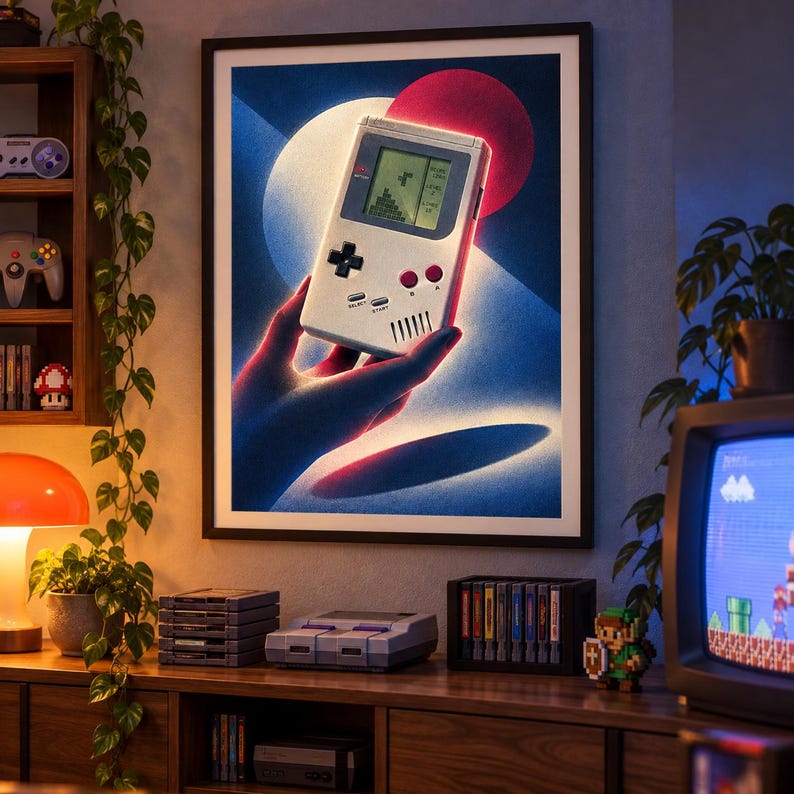 May include: A framed art print featuring a hand holding a grey handheld video game console with a screen displaying a block-stacking game. The background shows a large white circle and a red circle with blue light rays against a dark blue backdrop.