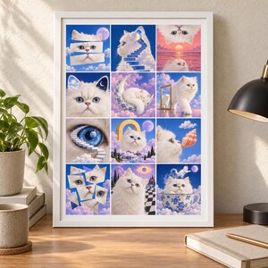 May include: A framed wall art print featuring a grid of twelve surreal illustrations of white fluffy cats. The images depict cats in various dreamlike settings, including clouds, a crescent moon, a teacup, and a staircase leading into an eye.