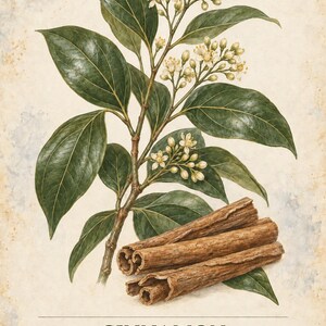 May include: A botanical illustration of a cinnamon plant featuring dark green glossy leaves and clusters of small white flowers. Below the branch are three curled brown cinnamon sticks. The text reads HERBARIUM MEDICINAL PLANTS 38 / 40 CINNAMON Cinnamomum verum A tree with glossy, aromatic leaves whose inner bark curls as it dries.