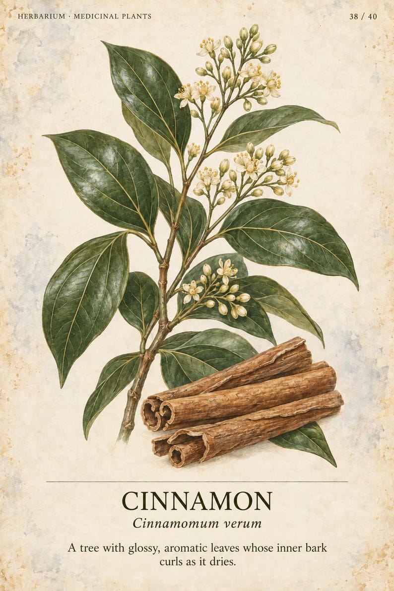 May include: A botanical illustration of a cinnamon plant featuring dark green glossy leaves and clusters of small white flowers. Below the branch are three curled brown cinnamon sticks. The text reads HERBARIUM MEDICINAL PLANTS 38 / 40 CINNAMON Cinnamomum verum A tree with glossy, aromatic leaves whose inner bark curls as it dries.