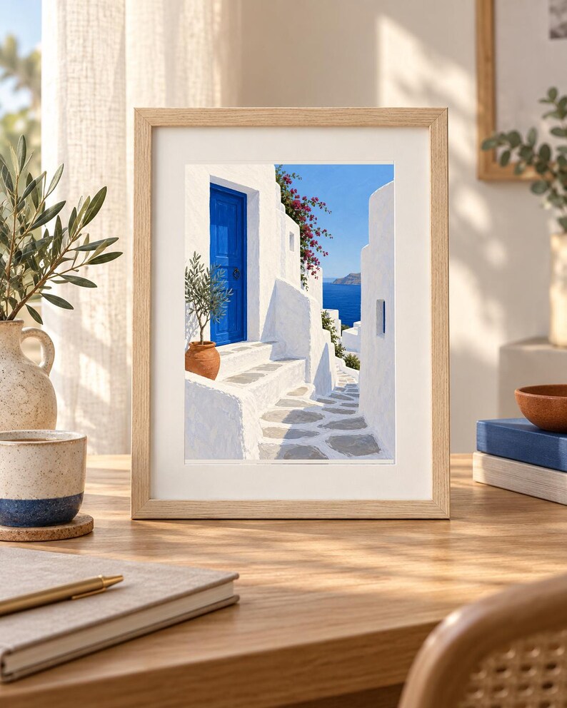 Puede incluir: Una l&aacute;mina enmarcada que muestra una escena mediterr&aacute;nea con edificios de piedra blanca, una puerta azul brillante, un olivo en maceta y flores de buganvilla de color rosa intenso. El camino conduce hacia un mar azul bajo un cielo despejado.