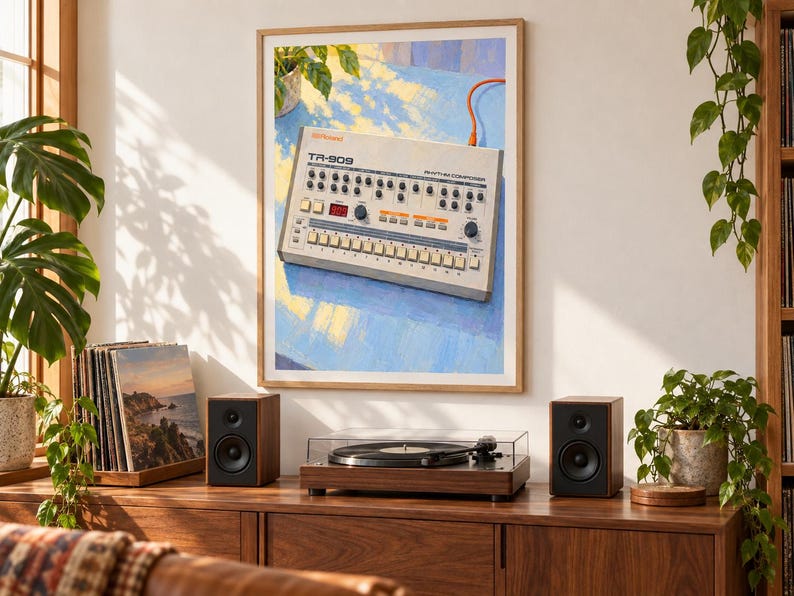 Roland TR-909 väggkonsttryck, färgglad trummaskinsaffisch, digital nedladdning i A3-format bild 2