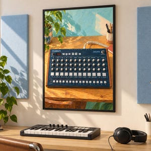 Puede incluir: Una impresi&oacute;n de arte mural enmarcada que muestra una caja de ritmos Arturia DrumBrute de color azul oscuro con paneles laterales de madera, colocada sobre un escritorio de madera junto a una planta y un portal&aacute;pices, con un fondo azul y amarillo.