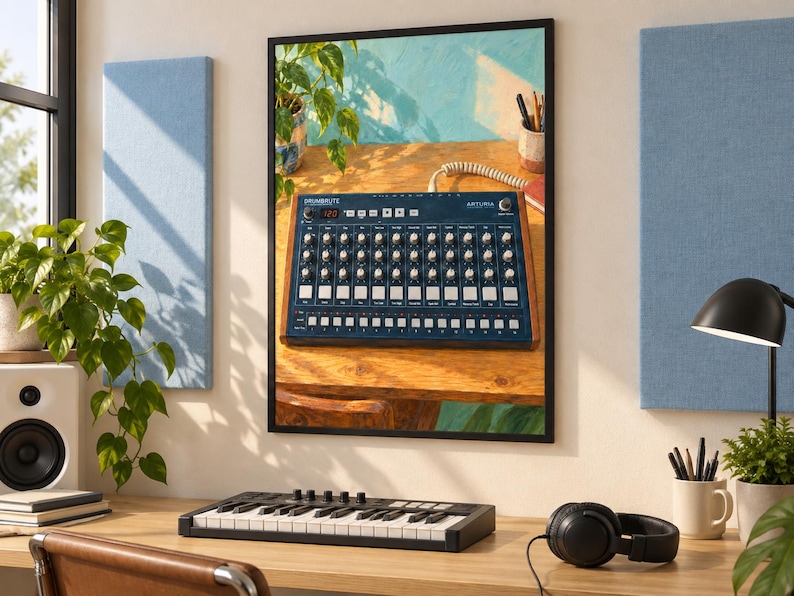 Puede incluir: Una impresi&oacute;n de arte mural enmarcada que muestra una caja de ritmos Arturia DrumBrute de color azul oscuro con paneles laterales de madera, colocada sobre un escritorio de madera junto a una planta y un portal&aacute;pices, con un fondo azul y amarillo.