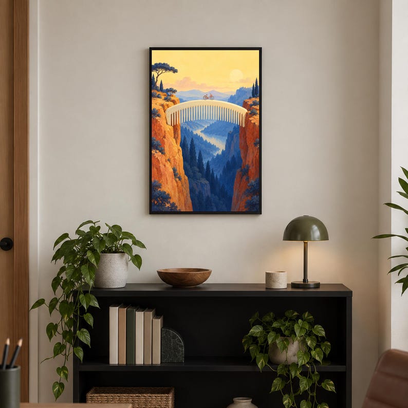 May include: A framed vertical wall art print depicting a surreal landscape where a large white hair comb spans across a deep canyon between two orange cliffs, with a blue forest valley below and a soft yellow sky with a sun in the background.