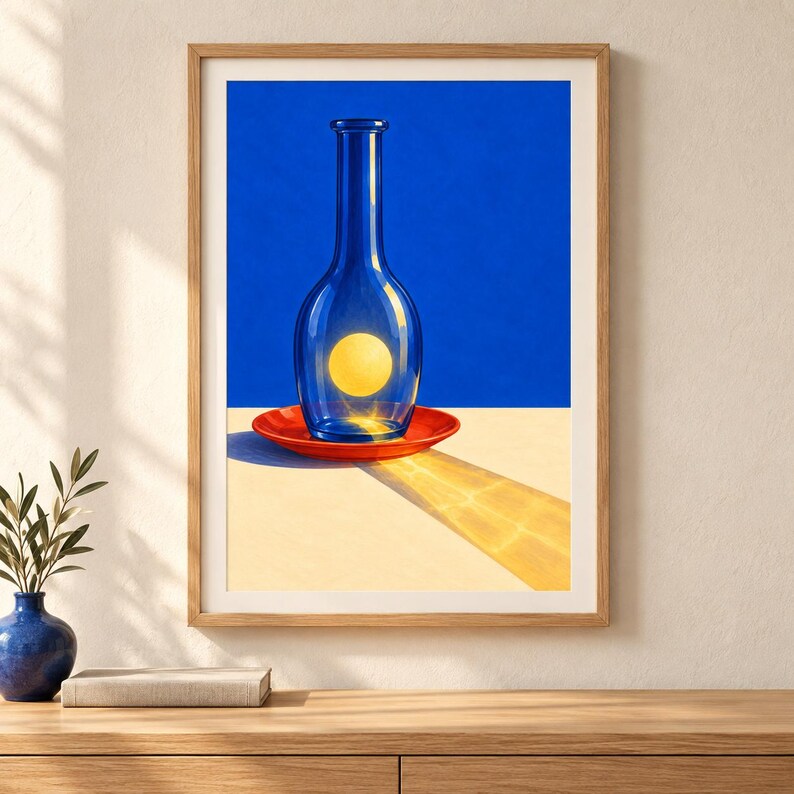 Puede incluir: Una l&aacute;mina enmarcada que muestra una botella de cristal azul sobre un platillo rojo. Dentro de la botella, una esfera amarilla brillante emite luz, proyectando un reflejo amarillo intenso y alargado sobre la superficie frontal.
