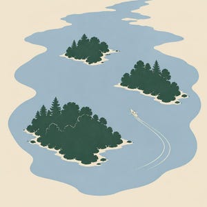 May include: A graphic print featuring a light blue lake with three dark green islands covered in trees. A small white boat travels between the islands, leaving a wake in the water. The word FERMANAGH is printed in dark green at the bottom.