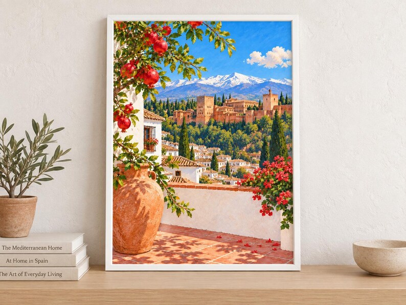 May include: A framed wall art print depicting a Mediterranean scene with a large terracotta vase, a pomegranate tree, and a white stone terrace overlooking a historic fortress complex with snow-capped mountains under a bright blue sky.