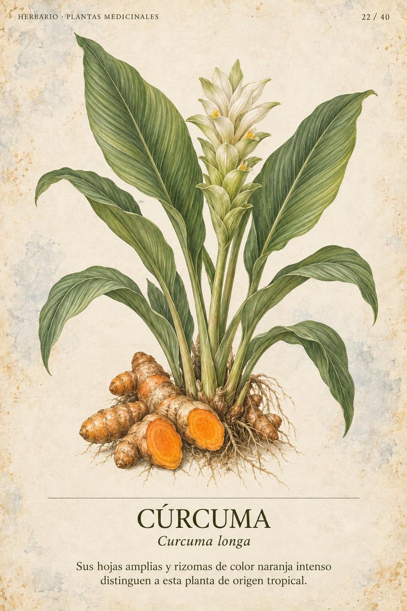 K&ouml;nnte beinhalten: Eine botanische Illustration einer Curcuma longa Pflanze mit gro&szlig;en gr&uuml;nen Bl&auml;ttern und einem wei&szlig;en Bl&uuml;tenstand. Unter der Pflanze befinden sich mehrere braune Rhizome, von denen eines aufgeschnitten ist und ein leuchtend orangefarbenes Inneres zeigt. Der Text lautet HERBARIO PLANTAS MEDICINALES 22/40, C&Uacute;RCUMA, Curcuma longa und ein beschreibender Satz.