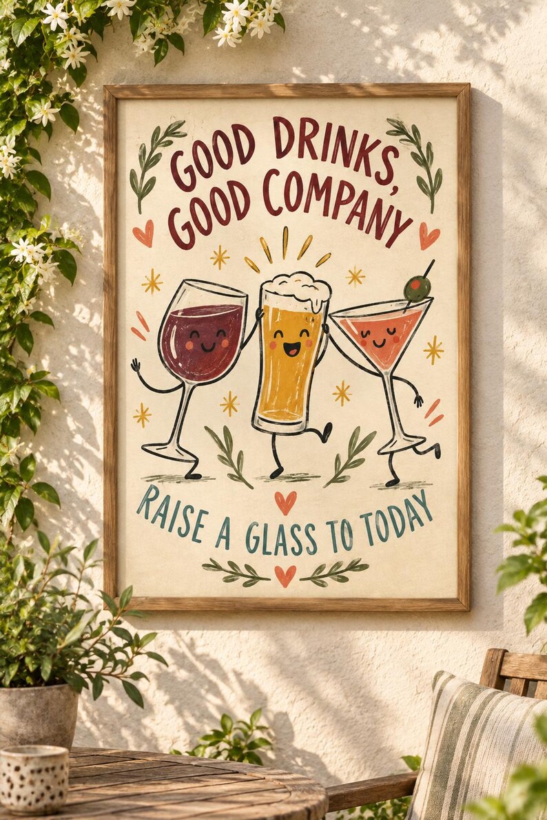 May include: A framed wall art print featuring a cartoon illustration of a wine glass, a beer glass, and a martini glass with faces. The text reads Good Drinks, Good Company and Raise A Glass To Today, accented with small red hearts and yellow stars.