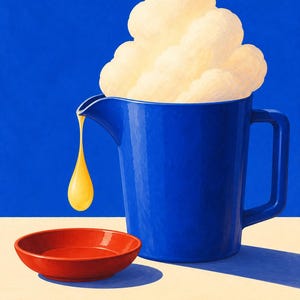 May include: A vibrant blue pitcher filled with fluffy white clouds, with a single golden yellow drop falling from the spout into a small, shallow red bowl. The composition is set against a solid blue background and a light cream-colored surface.