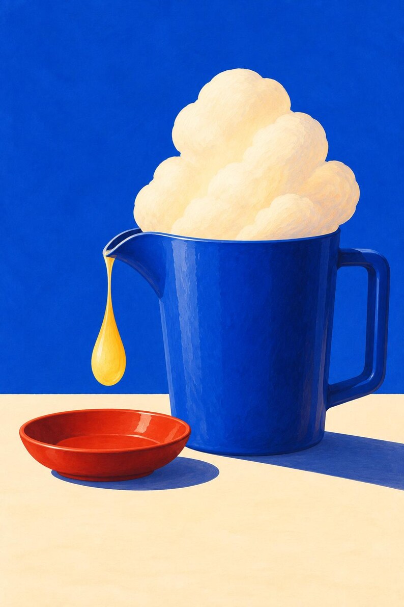 May include: A vibrant blue pitcher filled with fluffy white clouds, with a single golden yellow drop falling from the spout into a small, shallow red bowl. The composition is set against a solid blue background and a light cream-colored surface.