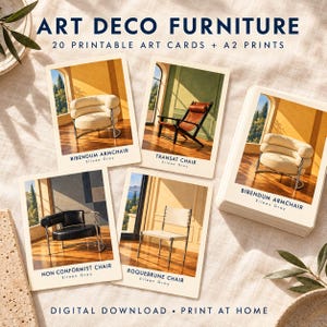 May include: A collection of printable art cards featuring Art Deco furniture designs by Eileen Gray, including the Bibendum Armchair, Transat Chair, Non Conformist Chair, and Roquebrune Chair. The cards display images of chairs in interior settings with text labels.