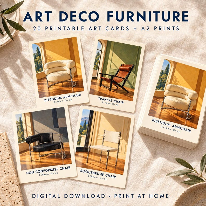 May include: A collection of printable art cards featuring Art Deco furniture designs by Eileen Gray, including the Bibendum Armchair, Transat Chair, Non Conformist Chair, and Roquebrune Chair. The cards display images of chairs in interior settings with text labels.