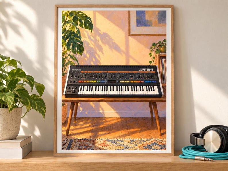 Op de afbeelding: Een ingelijste kunstdruk met een zwarte Roland Jupiter-8 synthesizer met een veelkleurige knoppeninterface en witte toetsen, rustend op een houten tafel in een zonnige kamer met een grote groene plant en een patroonkleed in de sc&egrave;ne.
