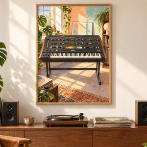 May include: A framed wall art print depicting a vintage Yamaha CS-80 synthesizer on a stand, set in a sunlit room with plants. The artwork features a black keyboard with colorful buttons and wooden side panels, displayed in a light wood frame.