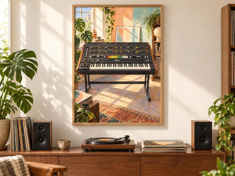May include: A framed wall art print depicting a vintage Yamaha CS-80 synthesizer on a stand, set in a sunlit room with plants. The artwork features a black keyboard with colorful buttons and wooden side panels, displayed in a light wood frame.